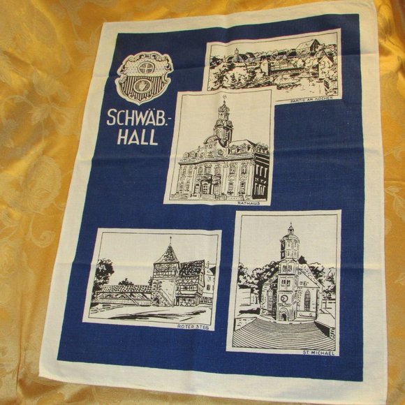 Vintage Blue Kitchen Towel SCHWAB HALL RATHAUS Germany - Picture 3 of 8